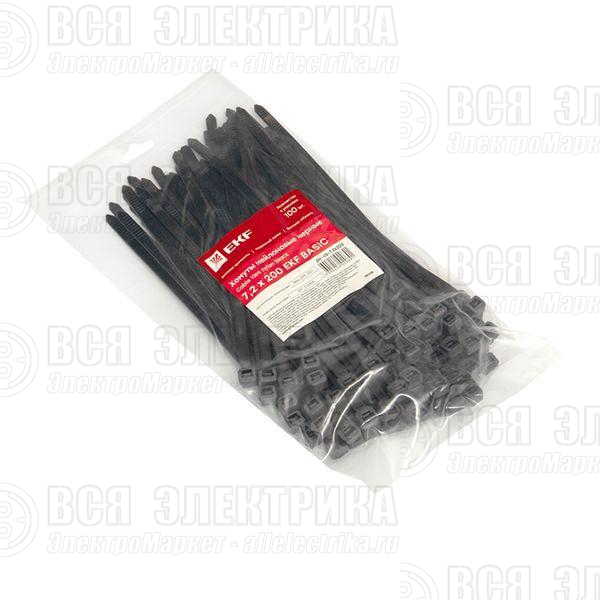 Хомут кабельный 7.2х200 нейл. черн. (уп.100шт) EKF plc-cb-7.2x200