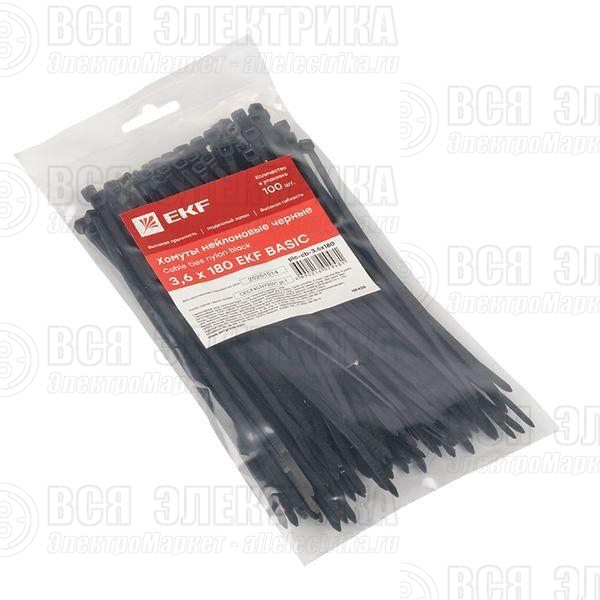 Хомут кабельный 3.6х180 нейл. черн. (уп.100шт) EKF plc-cb-3.6x180