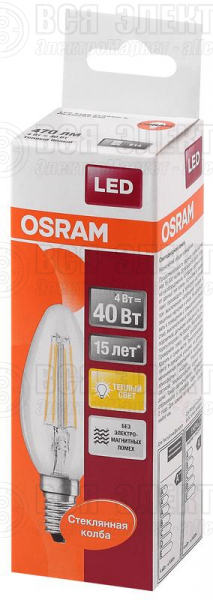 Лампа светодиодная филаментная LED STAR CLASSIC B 40 4W/827 4Вт свеча 2700К тепл. бел. E14 470лм 220-240В прозр. стекло OSRAM 4058075068353