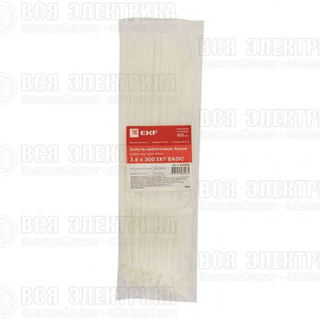 Хомут кабельный 3.6х300 нейл. бел. (уп.100шт) EKF plc-c-3.6x300