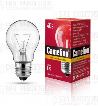 Лампа накаливания A CL 40Вт E27 220-240В Camelion 7276