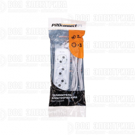Удлинитель 3 гнезда 3м 2х0.75кв.мм б/з бел. PROCONNECT 13-4206