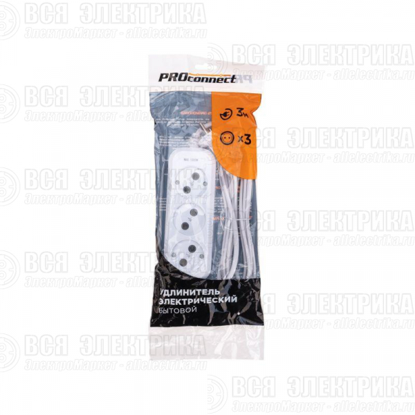 Удлинитель 3 гнезда 3м 2х0.75кв.мм б/з бел. PROCONNECT 13-4206