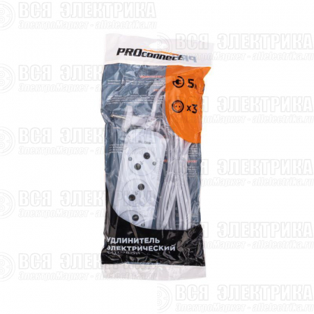 Удлинитель 3 гнезда 5м 2х0.75кв.мм б/з бел. PROCONNECT 13-4207
