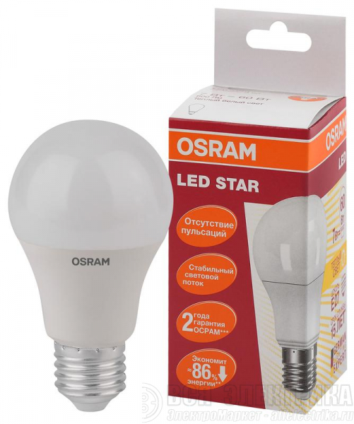 Лампа светодиодная LED STAR CLASSIC A 60 7W/827 7Вт грушевидная 2700К тепл. бел. E27 600лм 220-240В матов. пласт. OSRAM 4058075096387