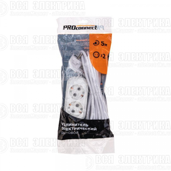 Удлинитель 2 гнезда 5м 3х0.75кв.мм с/з бел. PROCONNECT 13-4204