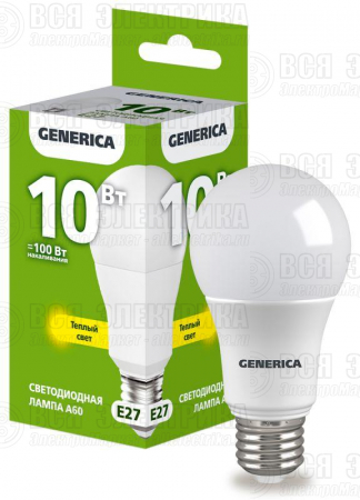 Лампа светодиодная A60 10Вт грушевидная 3000К E27 230В GENERICA LL-A60-10-230-30-E27-G