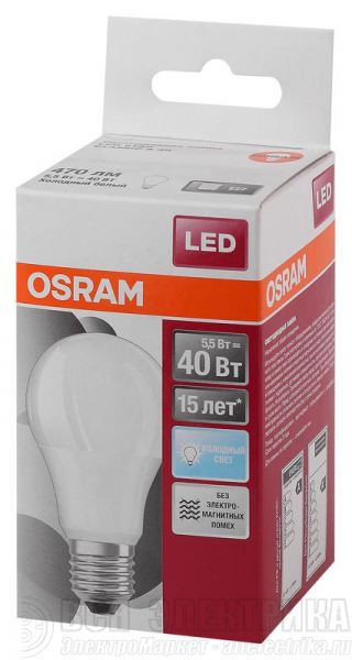 Лампа светодиодная LED STAR CLASSIC A 40 5.5W/865 5.5Вт грушевидная 6500К холод. бел. E27 470лм 220-240В матов. пласт. OSRAM 4052899971523