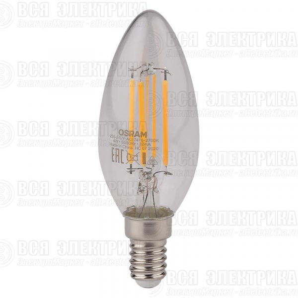 Лампа светодиодная филаментная LED STAR CLASSIC B 40 4W/827 4Вт свеча 2700К тепл. бел. E14 470лм 220-240В прозр. стекло OSRAM 4058075068353