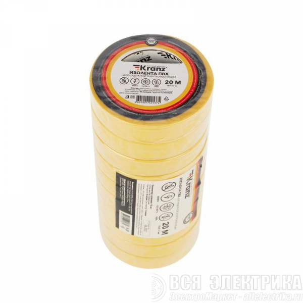 Изолента ПВХ 0.13х15мм 20м желт. (уп.10шт) Kranz KR-09-2602
