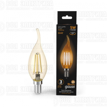 Лампа светодиодная филаментная Black Filament 5Вт свеча на ветру золотая 2700К тепл. бел. E14 400лм GAUSS 104801005