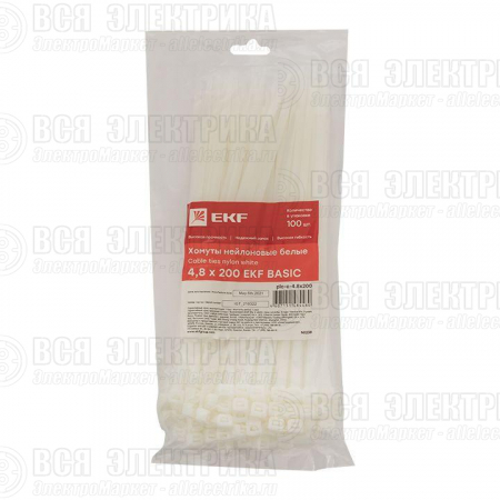 Хомут кабельный 4.8х200 нейл. бел. (уп.100шт) EKF plc-c-4.8x200