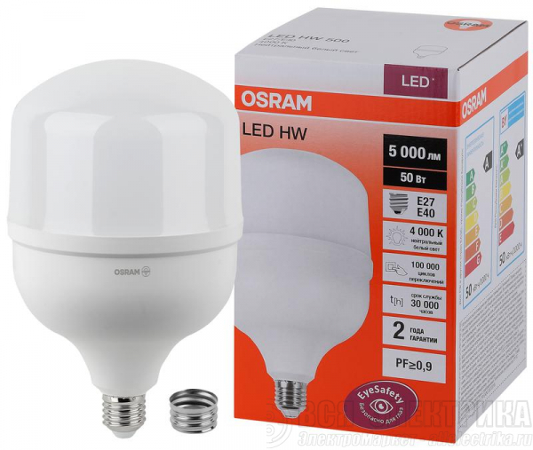 Лампа светодиодная LED HW 50Вт T матовая 4000К нейтр. бел. E27 /E40 5000лм 140-265В угол пучка 200град. PF>/=09 (замена 500Вт) OSRAM 4058075576858