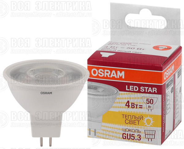 Лампа светодиодная LED STAR MR16 4.2W/830 4.2Вт 3000К тепл. бел. GU5.3 350лм 110 град. 220-240В пластик. (замена 50Вт) OSRAM 4052899981140