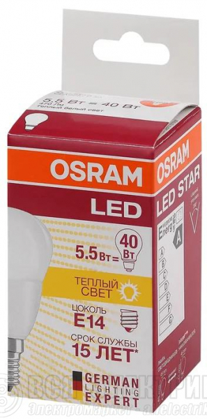 Лампа светодиодная LED STAR CLASSIC P 40 5W/827 5Вт шар 2700К тепл. бел. E14 470лм 220-240В матов. пласт. OSRAM 4052899971615